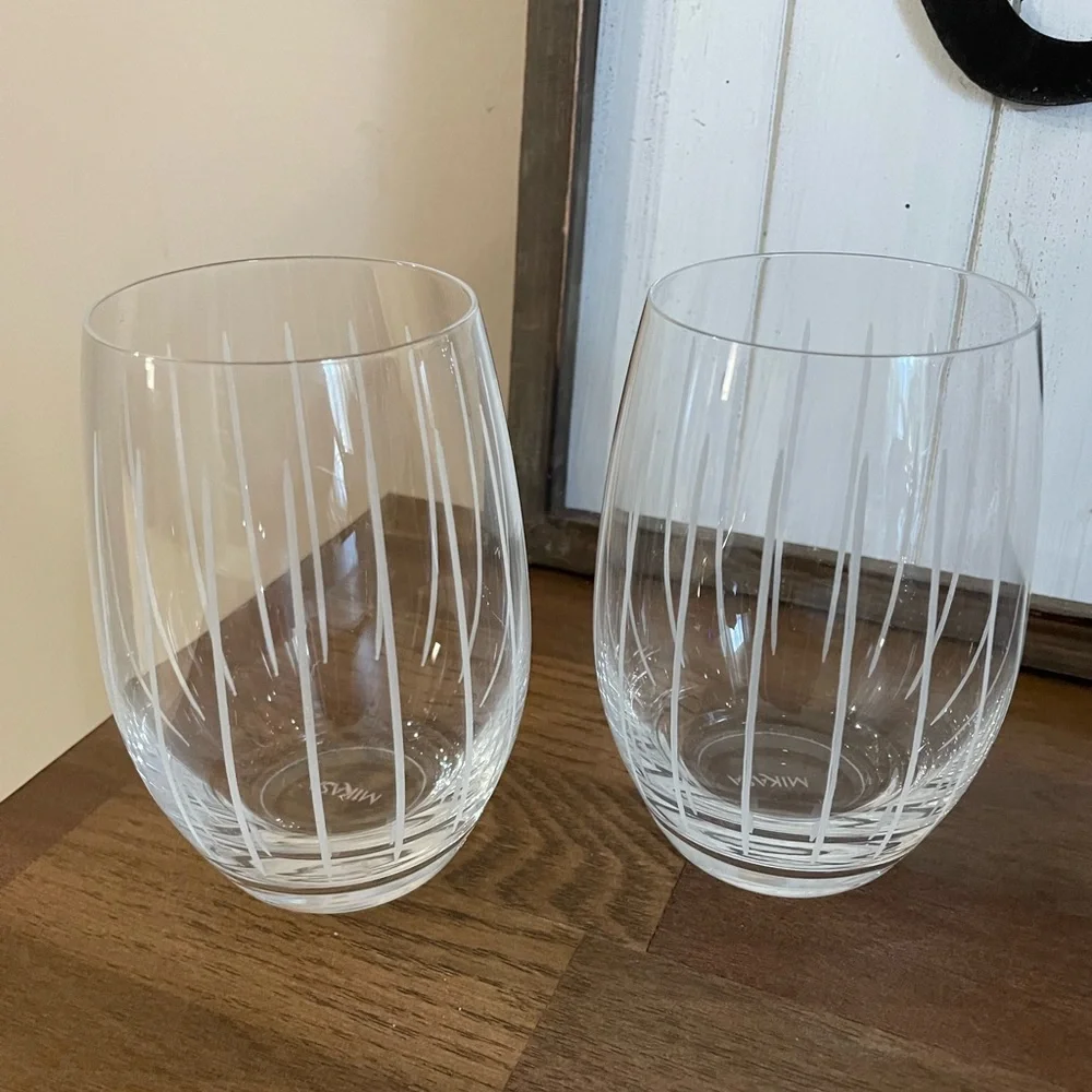 Mikasa Crystal Cheers Stemless Wine Glasses with Etched Stripes- Set of 2
